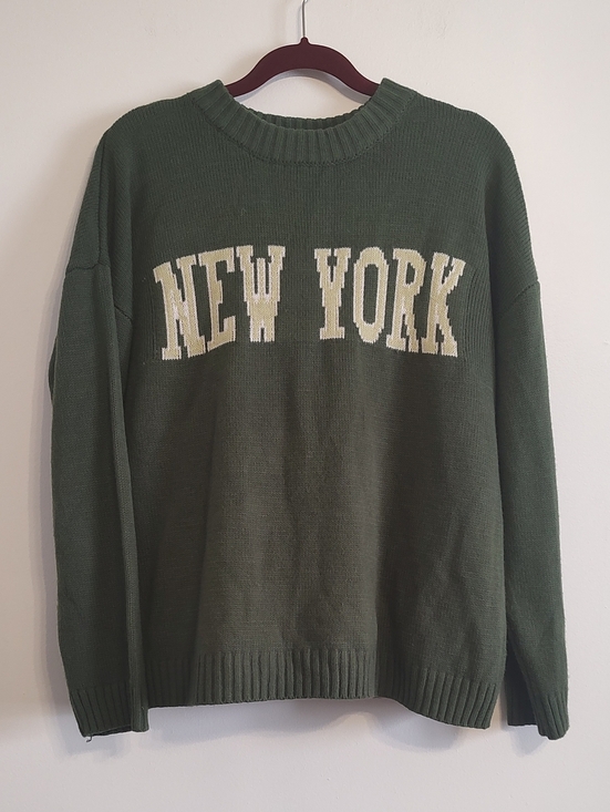 just polly Sweaters - Olive Green Crewneck Sweater with Cream NEW YORK Lettering